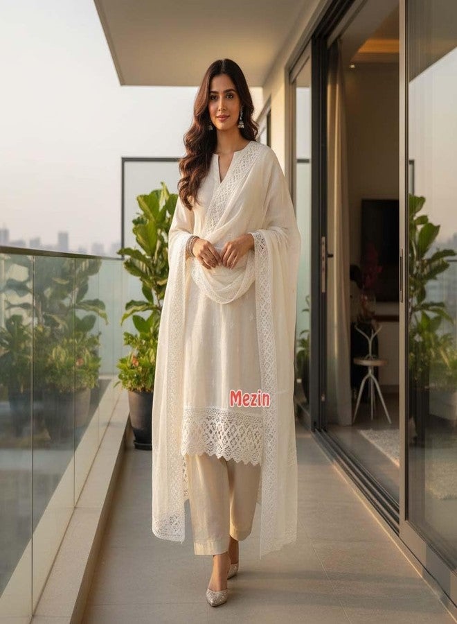 Mezin Cotton Double Square Crossiya Lace Border for Dress, Kurtis, Dupatta, Bag, Craft and Decorations (5 Mtr-Off White) - Image 2